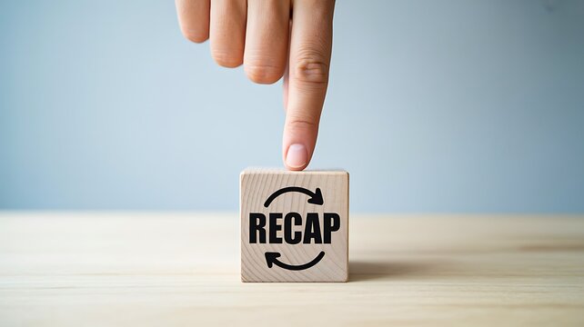 Business recap concept with wooden block and finger pointing on table
