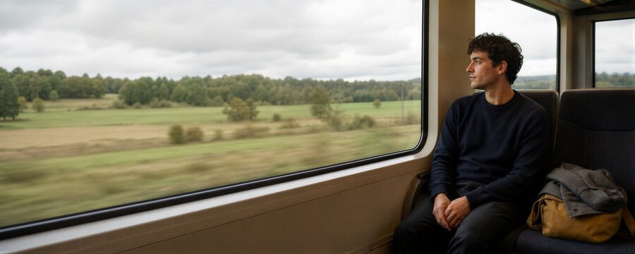 Man looking out of a train window while traveling during a daytime journey. Passenger sitting in a seat observing the passing autumn landscape. Commuter trip and travel experience.