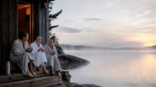 Women in bathrobes sitting on sauna porch by lake at sunset holding tea cup. Concept of wellness, relaxation, friendship and spa travel. Nature retreat with calm water and steam.