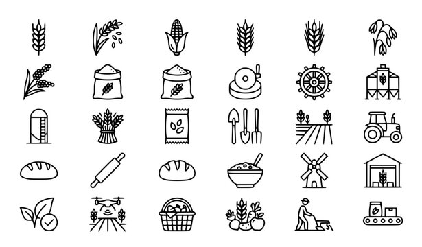 Traditional Grain Farming and Flour Production Line Icon Pack with Milling Harvest and Bakery Vector