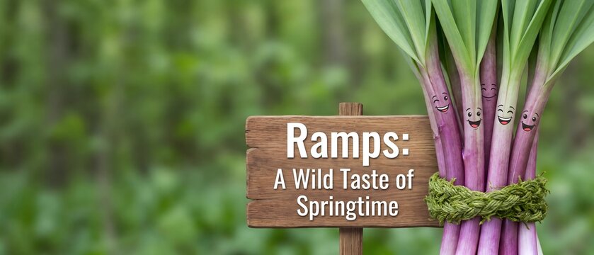 Digital illustration of a bundle of purple ramps tied with green twine featuring cute anthropomorphic faces, next to a wooden sign in a lush green blurred forest background garden setting.