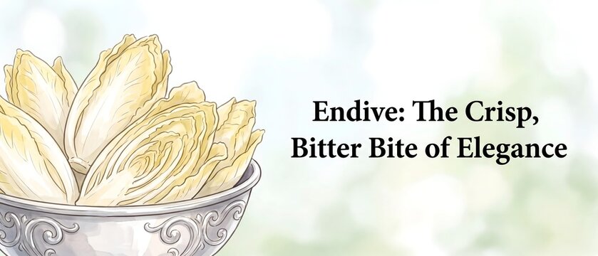 Digital illustration of fresh crisp endive leaves arranged in an ornate silver bowl with decorative engravings, set against a light minimalist background with text describing the vegetable.