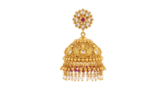 Traditional Indian gold jhumka earring, ornate bridal jewelry with ruby and pearl accents, ethnic handcrafted golden bell earring for weddings isolated PNG with Transparent Background