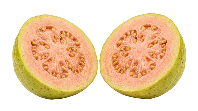 Fresh pink guava halves with green skin, ripe tropical fruit cross section, organic exotic guava slices for healthy food concepts isolated PNG with Transparent Background