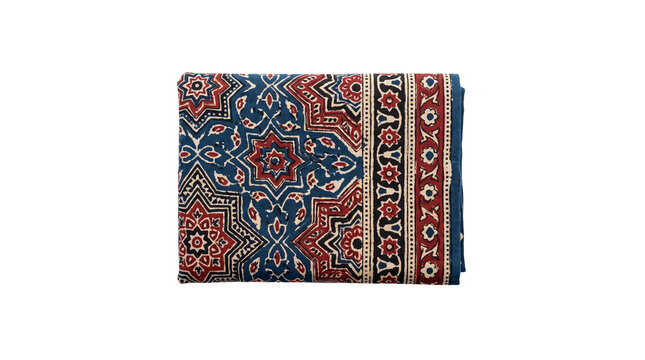 Traditional Ajrakh block print fabric, folded indigo and madder red cotton textile, ethnic geometric pattern cloth for fashion and home decor isolated PNG with Transparent Background