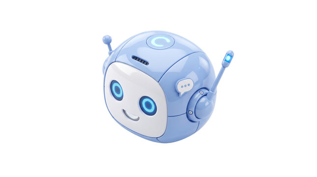 Futuristic blue robot character, friendly artificial intelligence chatbot head, 3D digital assistant with glowing eyes and antennas isolated PNG with Transparent Background