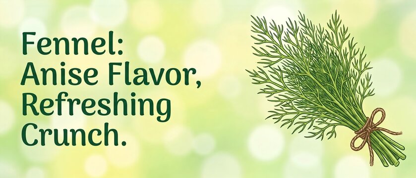 Digital illustration of a fresh bunch of fennel herbs tied with rustic twine, set against a soft green blurred background with descriptive text about anise flavor and crunch.