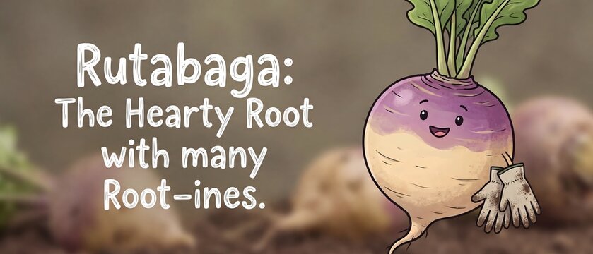 Cute cartoon rutabaga root vegetable character wearing gardening gloves in a blurred garden setting with educational text about hearty roots and healthy nutrition for organic food diets.