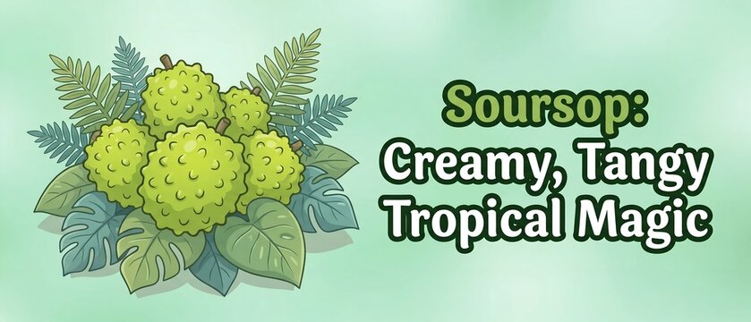 Vibrant illustration of green soursop fruits surrounded by tropical monstera and fern leaves on a pale green background with text highlighting the creamy and tangy nature of the fruit