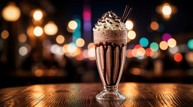 Chocolate milkshake with whipped cream, syrup drizzle stands on wooden table. Glass of sweet cold drink with chocolate shavings sits at restaurant counter. Night city lights glow in blurred