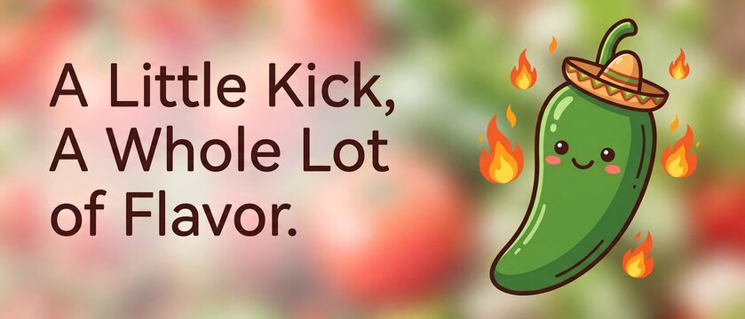 Cute anthropomorphic green chili pepper character wearing a traditional sombrero surrounded by small fire flames on a blurry warm background with text about spicy flavor and kick.