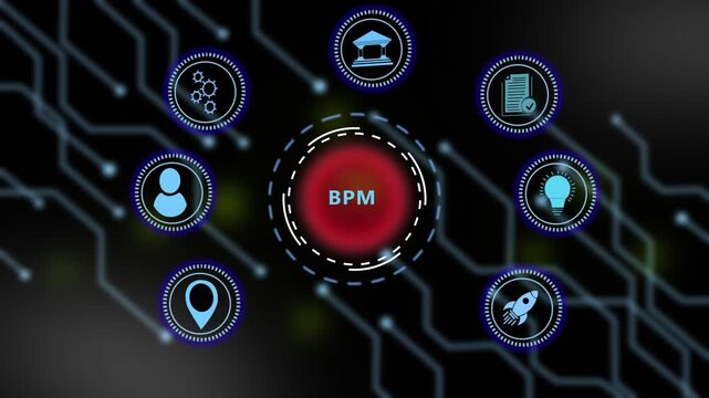 Dynamic business process management bpm infographic animation featuring digital workflow and circuit board background, for corporate strategy, enterprise automation, and, modern management