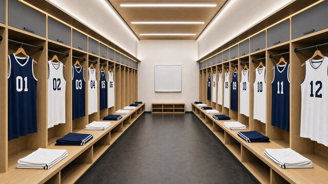 Symmetrical modern basketball locker room with blue and white jerseys, wooden lockers, folded towels, benches, and bright ceiling lights.