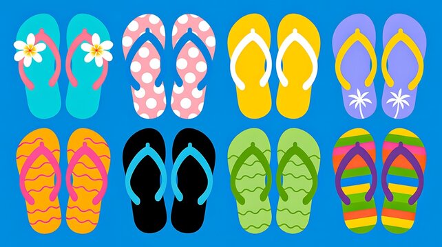Colorful flip flops collection isolated on blue background for summer vacation design