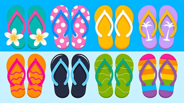 Colorful flip flops collection isolated on blue background for summer vacation design