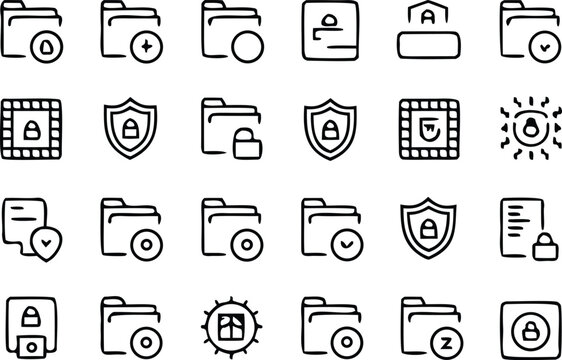 Cybersecurity and data protection hand-drawn monochrome set folders