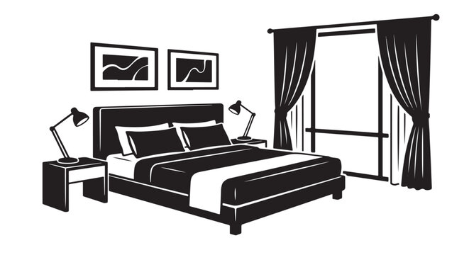 Hotel suite bedroom silhouette vector, neatly made bed, two nightstands, reading lamps, curtains, framed art, modern hospitality interior, high-end commercial stock style, bold black silhouette, white