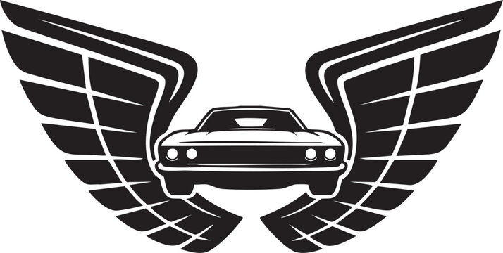 Muscle car vector illustration with large stylized eagle wings displayed in black and white for logo or automotive decal design