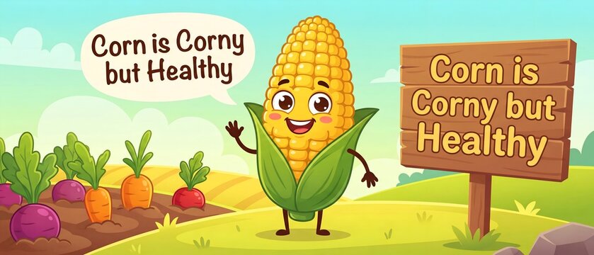 Friendly cartoon corn character waving in a garden with other vegetables and a wooden sign with healthy message for children organic farming and nutrition education materials