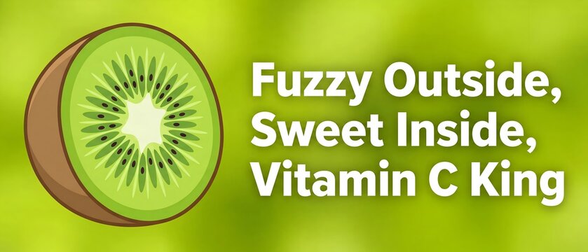 Detailed vector illustration of a sliced kiwi fruit showing the green center and brown skin with text highlighting vitamin c benefits on a vibrant green gradient background frame