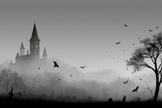 Dark castle stands on a hill surrounded by bats and misty forest during evening hours