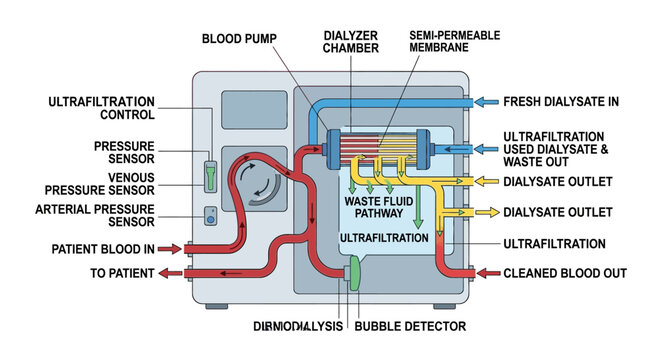 Dialysis Machine Diagram: Blood Pump, Dialyzer Chamber, Semi-Permeable Membrane