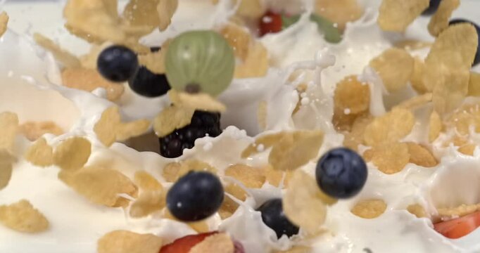 Corn flakes with berries falling into milk with splashes in super slow motion