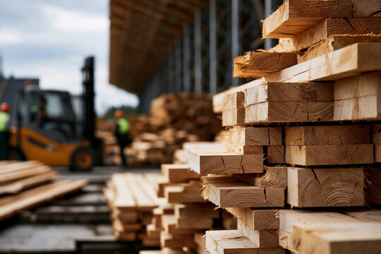 Workers handle lumber at a large storage facility in the afternoon near a construction site