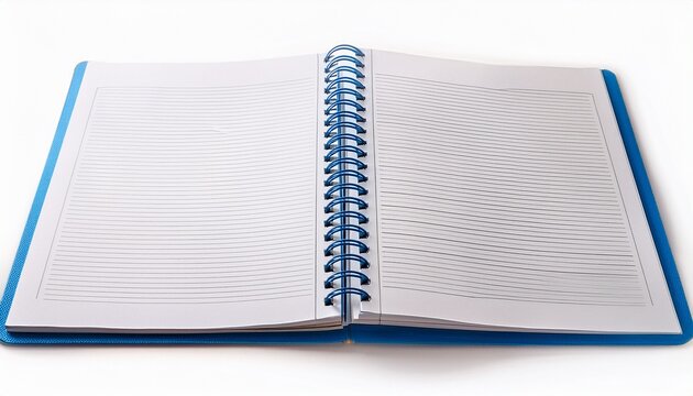 open spiral bound notebook with blue binding and lined white pages isolated on a white background