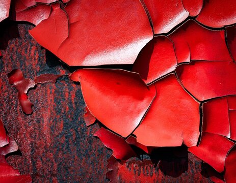 abstract close up of cracked and peeling red paint over dark rust