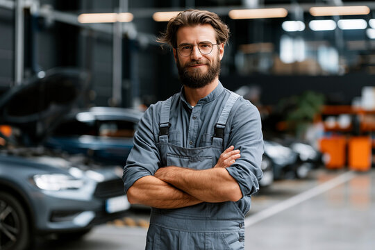 Mechanic stands in workshop with arms crossed, ready to assist customers in busy auto repair shop