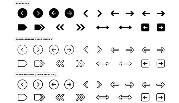 Arrow buttons icon set. Website slider navigation symbols. Next and previous rounded buttons for app. Web interface arrow buttons isolated illustration