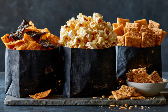 Snack selection with chips, popcorn, and crackers on a serving platter