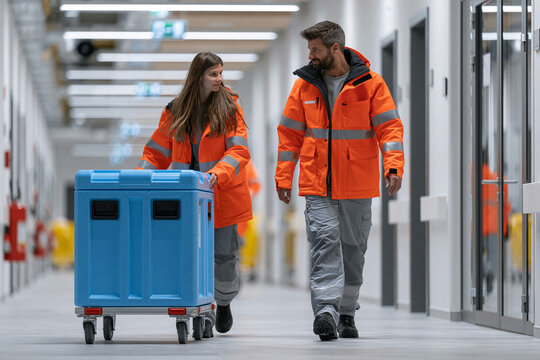 Workers transport a blue cart down a hallway in a facility wearing bright orange jackets during daytime hours