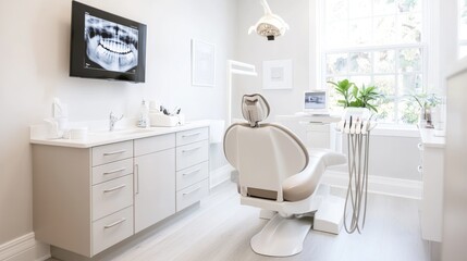 Fototapeta premium High End Dental Examination Room Integrated Cabinetry Digital Contemporary Architectural View, modern medical clinic interior, professional healthcare facility, patient care environment