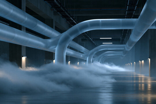 Large industrial space with pipes and vapor in a dark setting