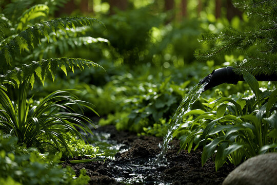 Water flows from a hose into a lush garden during a bright afternoon