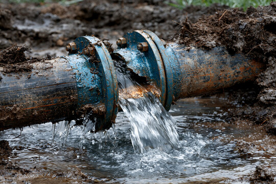 Water flows from a broken pipe in a muddy area near a construction site on a cloudy day
