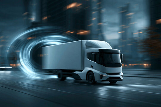 Truck drives through a city at night with motion blur and lights from buildings visible in the background
