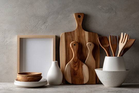Kitchen items arranged on a surface with wooden utensils and bowls displayed near a blank frame
