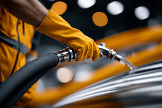 Worker fills tank with fuel at a service station during day shift