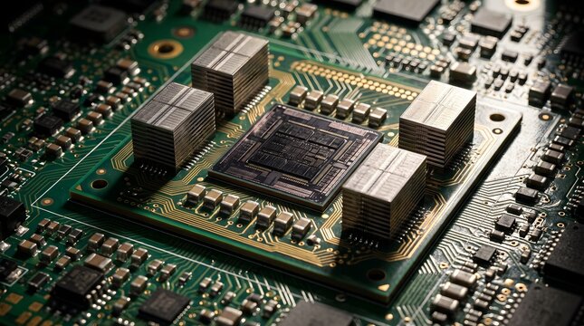 Close Up of a Large AI Accelerator Processor Package Mounted on a Green Circuit Board With Surrounding Components and Golden Contacts High Performance Computing Technology