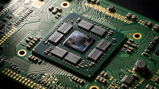 Close Up of a Large AI Accelerator Processor Package Mounted on a Green Circuit Board With Surrounding Components and Golden Contacts High Performance Computing Technology