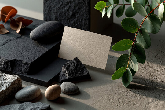 Decorative arrangement of stones, paper, and leaves on a surface with shaded light and contrast