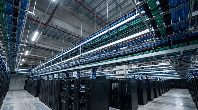 Overhead Cable Trays Carrying Neatly Bundled Network and Power Cables Across the Ceiling of a Modern Data Center Structured Cabling Infrastructure Technology