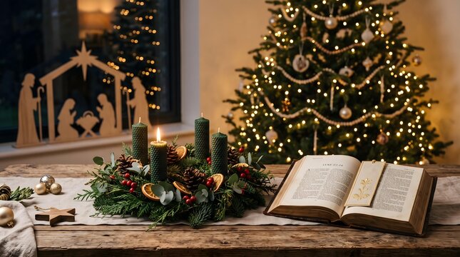 Christian Advent Wreath with Candles, Open Bible and Christmas Nativity Scene