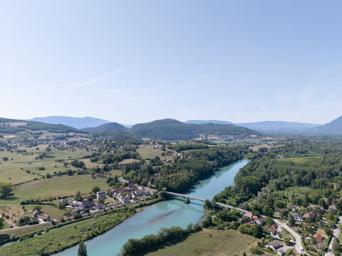 Drone view of the Lucey Bridge, located in the French commune of Avant-Pays Savoyard on the left bank of the Rh&ocirc;ne.