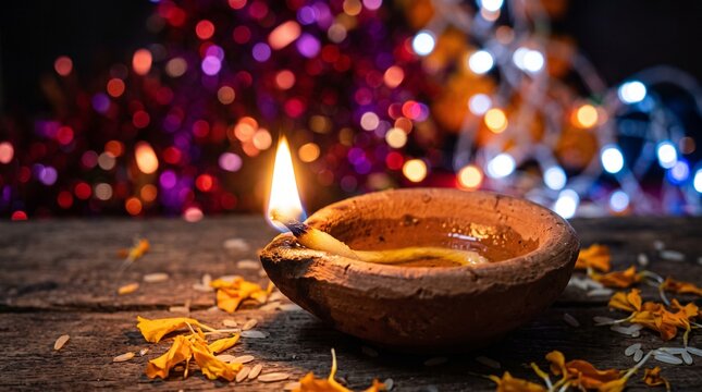 Traditional diya lamp lit during diwali festival surrounded by marigold petals and bokeh lights