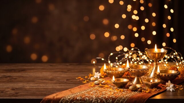 Traditional diwali diya lamps glowing on a wooden table with festive bokeh lights in the dark background