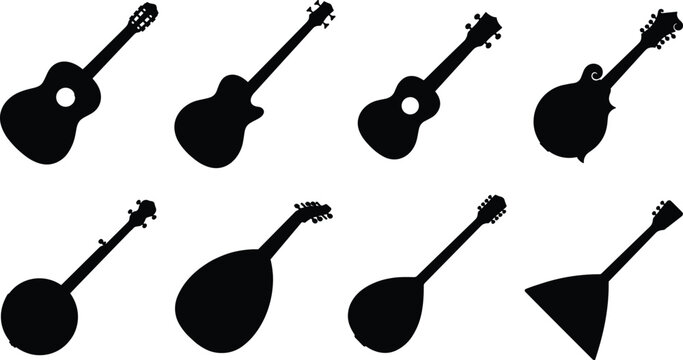 Collection of acoustic string instrument black silhouettes including guitar ukulele banjo mandolin and balalaika for design projects